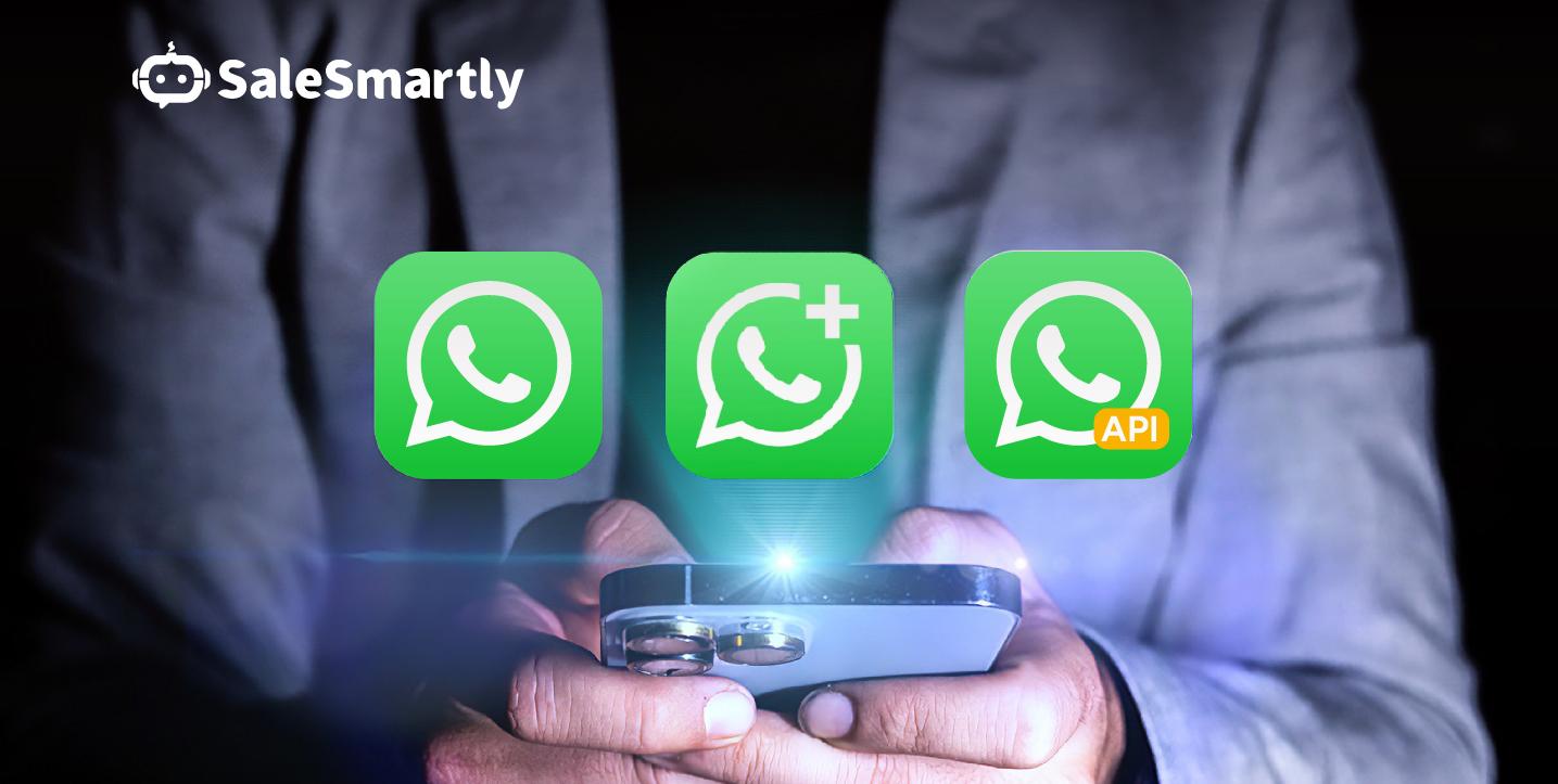 A single image explaining the differences between WhatsApp, WhatsApp Business, and WhatsApp API (Enterprise) accounts.